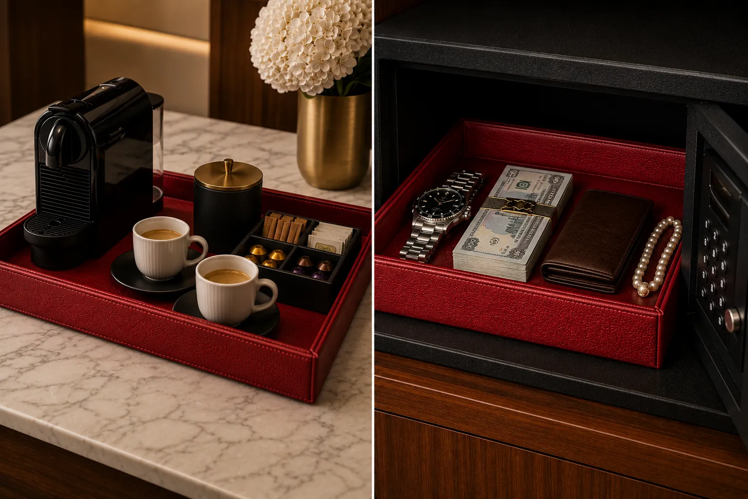 ORVA coffee station tray and in-room safe tray in crimson red