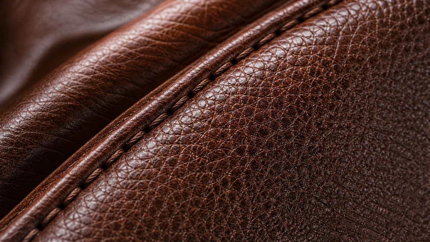 Close-up of ORVA plant-based material with stitching